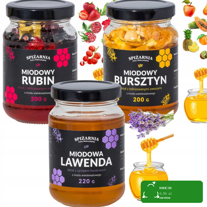 ZESTAW MIODÓW Z BAKALIAMI OWOCAMI: MIODOWE LAWENDA RUBIN BURSZTYN 620G 3szt