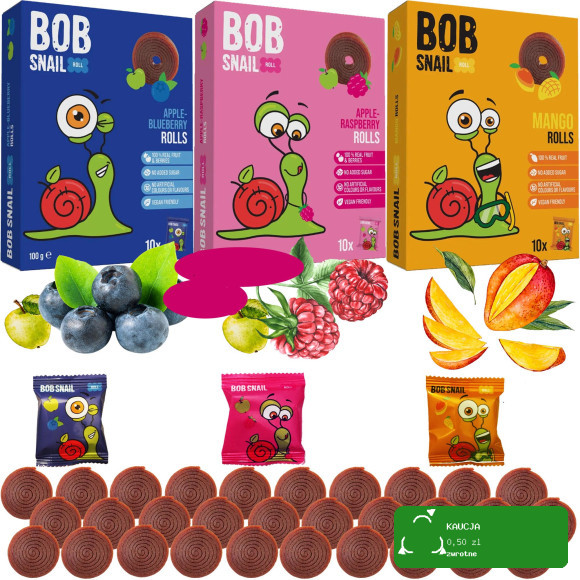 BOB SNAIL JELLY MIX 100g x3 ROLLS owocowe przekąski MALINA MANGO BORÓWKA