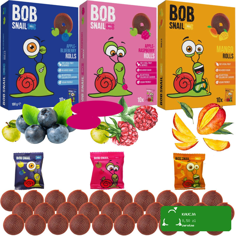 BOB SNAIL JELLY MIX 100g x3 ROLLS owocowe przekąski MALINA MANGO BORÓWKA