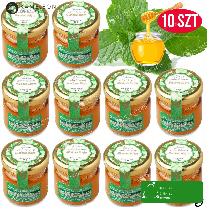 MIODOWA MIĘTA 45g MIÓD Z SYROPEM Z LISTKÓW MIĘTY małe miodki NA PREZENT x10
