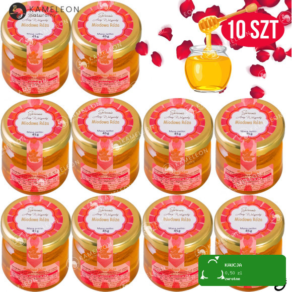 MIODOWA RÓŻA 45g MIÓD Z SYROPEM Z PŁATKÓW RÓŻY małe miodki NA PREZENT x10