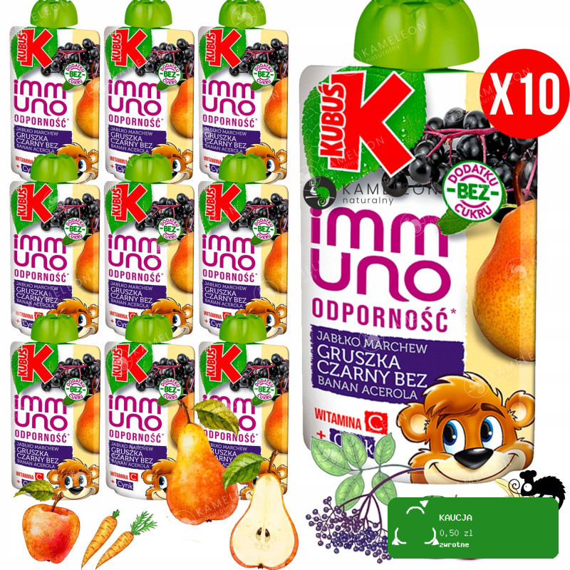KUBUŚ IMMUNO mus BEZ CUKRU ODPORNOŚĆ GRUSZKA CZARNY BEZ JABŁKO 100g x10 1KG