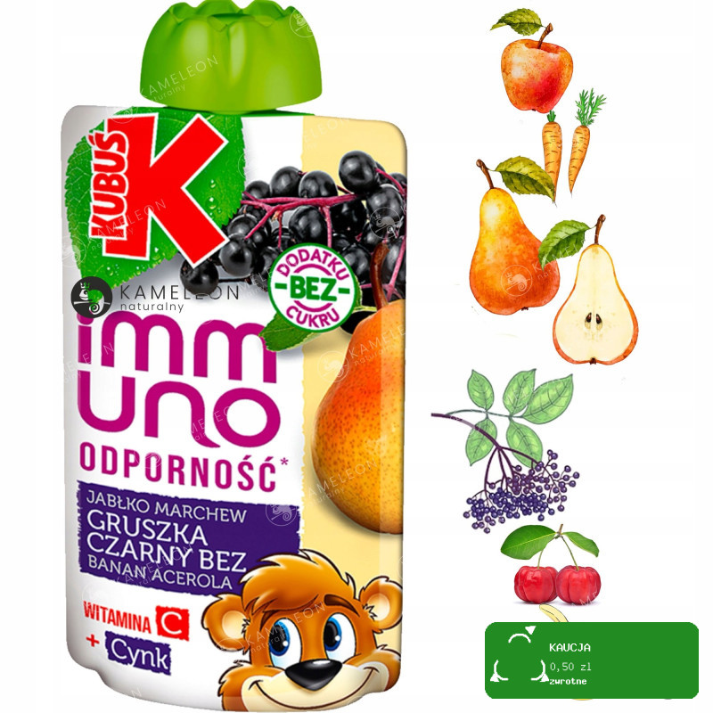 KUBUŚ IMMUNO mus BEZ CUKRU ODPORNOŚĆ GRUSZKA CZARNY BEZ JABŁKO 100g x10 1KG
