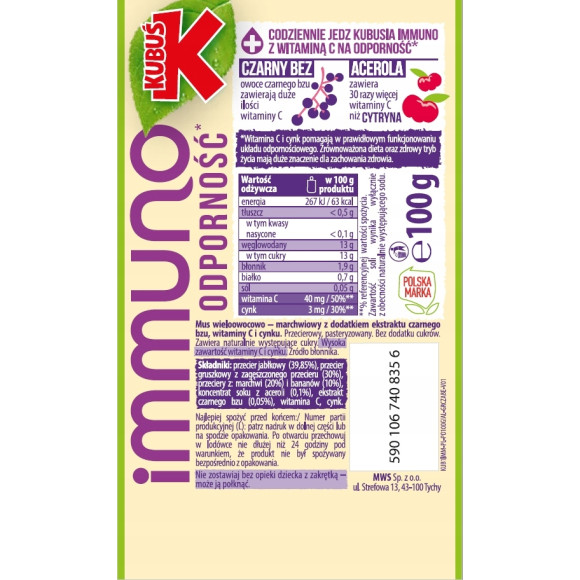 KUBUŚ IMMUNO mus BEZ CUKRU ODPORNOŚĆ GRUSZKA CZARNY BEZ JABŁKO 100g x10 1KG