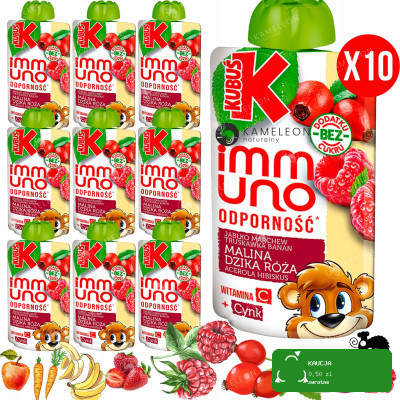 KUBUŚ IMMUNO mus BEZ CUKRU ODPORNOŚĆ MALINA DZIKA RÓŻA JABŁKO 100g x10 1KG