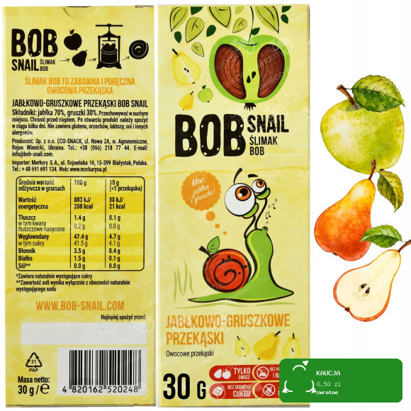 BOB SNAIL przekąska owocowa BEZ CUKRU 30G MIX SMAKÓW 10szt 0,3KG