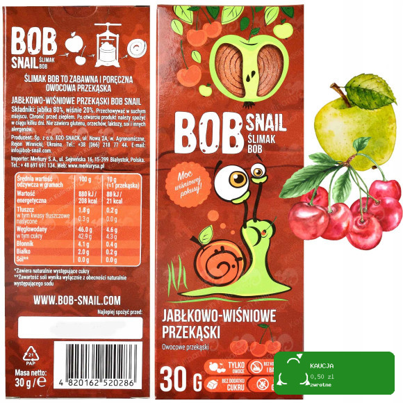 BOB SNAIL przekąska owocowa BEZ CUKRU 30G MIX SMAKÓW 10szt 0,3KG