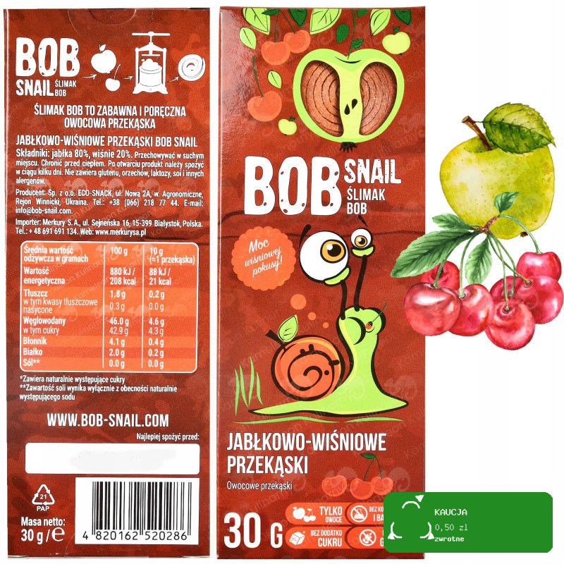 BOB SNAIL przekąska owocowa BEZ CUKRU 30G MIX SMAKÓW 10szt 0,3KG