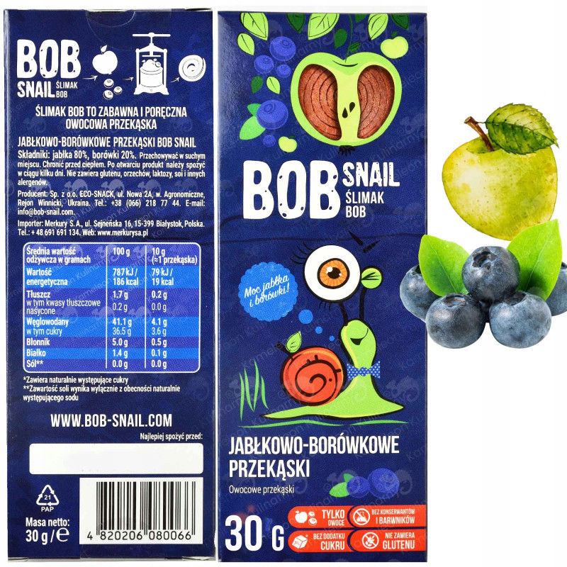 BOB SNAIL przekąska owocowa BEZ CUKRU 30G MIX SMAKÓW 10szt 0,3KG