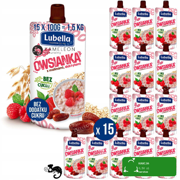 MUS OWSIANKA MALINY DAKTYLE bez CUKRU 100G x15szt 1,5KG LUBELLA