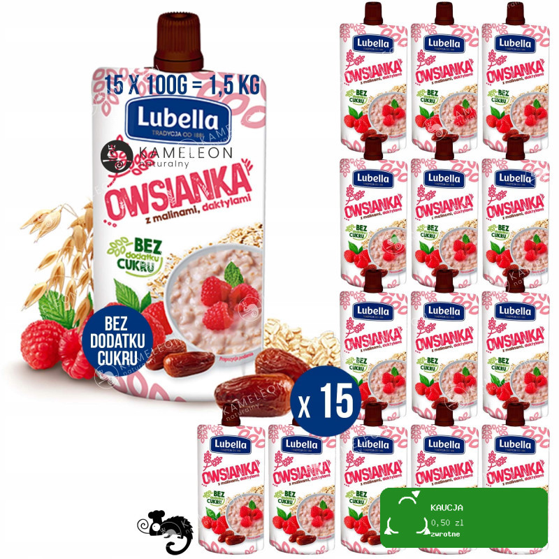 MUS OWSIANKA MALINY DAKTYLE bez CUKRU 100G x15szt 1,5KG LUBELLA