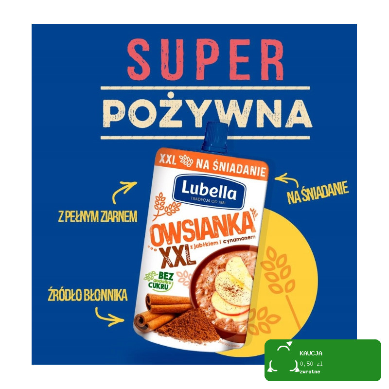 MUS OWSIANKA W TUBCE JABŁKO CYNAMON bez cukru DUŻA 170G x12 2KG LUBELLA