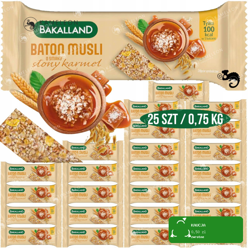 BATON ZBOŻOWY MUSLI o smaku SŁONY KARMEL Bakalland 100kcal 30G x25 0,75KG