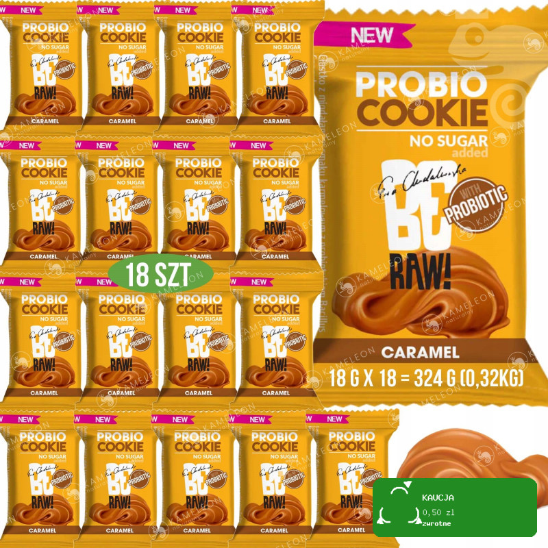 BE RAW! PROBIO COOKIE KARMEL zdrowe ciastko bez cukru 18g x18szt 0,32KG