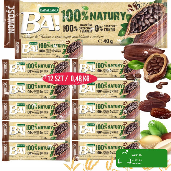BATON BA! 100% NATURY BEZ dodatku CUKRU DAKTYLE KAKAO ZBOŻA 40g 12szt