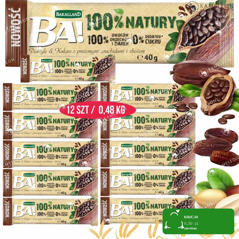 BATON BA! 100% NATURY BEZ dodatku CUKRU DAKTYLE KAKAO ZBOŻA 40g 12szt