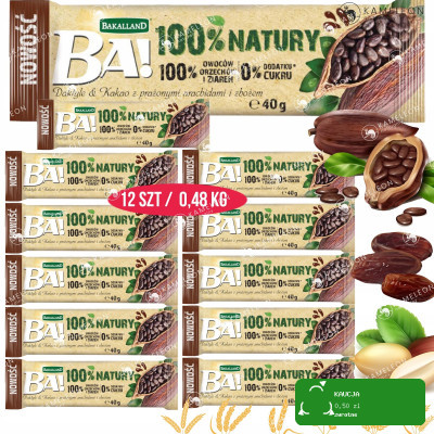 BATON BA! 100% NATURY BEZ dodatku CUKRU DAKTYLE KAKAO ZBOŻA 40g 12szt