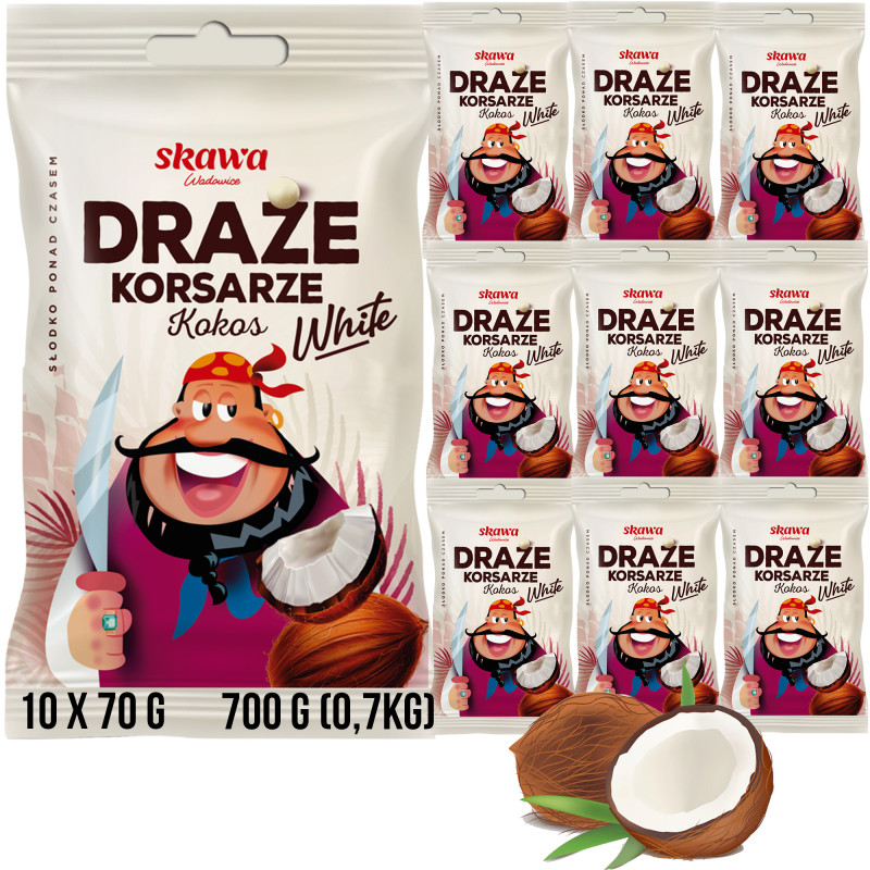 DRAŻE KORSARZE KOKOSOWE kokos WHITE BIAŁE SKAWA 70g x10szt 700g