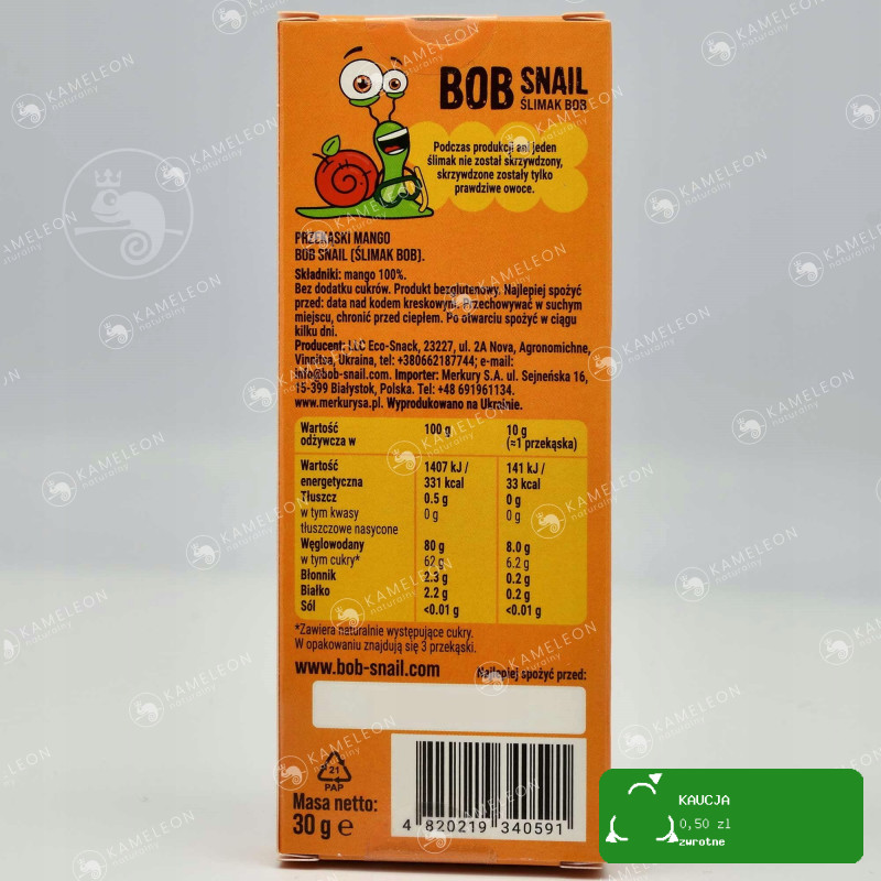 BOB SNAIL przekąska owocowa bez cukru glutenu MANGO 30x5 150G