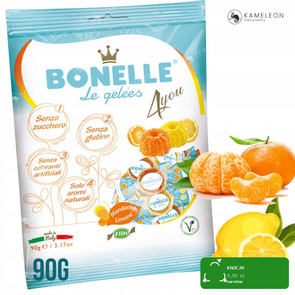 ŻELKI WEGAŃSKIE Bez Cukru Glutenu Żelatyny CYTRYNA MANDARYNKA 450g BONELLE