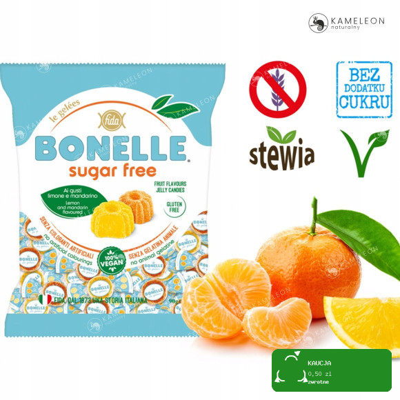 ŻELKI WEGAŃSKIE Bez Cukru Glutenu Żelatyny CYTRYNA MANDARYNKA 450g BONELLE