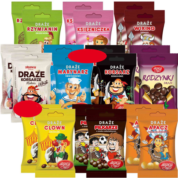 DRAŻE CUKIERKI SŁODYCZE Skawa MIX RÓŻNYCH SMAKÓW 16szt po 70G 1100g