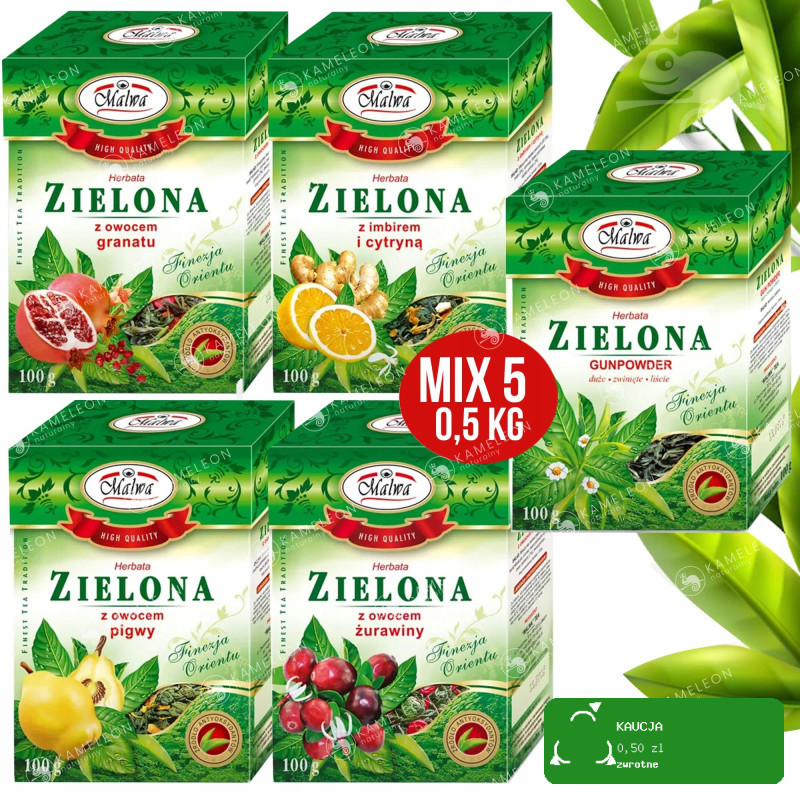 Malwa HERBATA PREMIUM ZIELONA SYPANA Gunpowder i SMAKOWE x5 500G 0,5KG