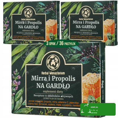 MIRRA i PROPOLIS NA GARDŁO pastylki do ssania na gardło 12szt x3opak. 36szt