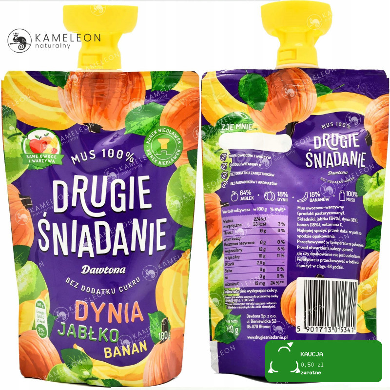 Dawtona MUS 100% DRUGIE ŚNIADANIE bez cukru DYNIA JABŁKO BANAN 10x100g 1KG