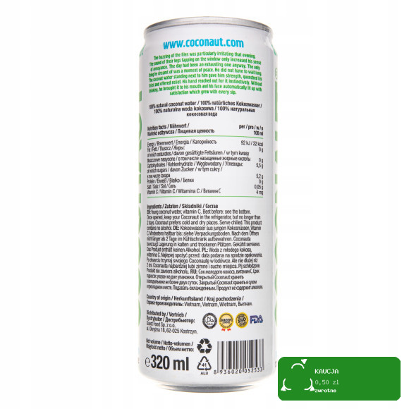 Coconaut WODA KOKOSOWA Z Młodego Kokosa NIEGAZOWANA 320ml 0,32L PUSZKA