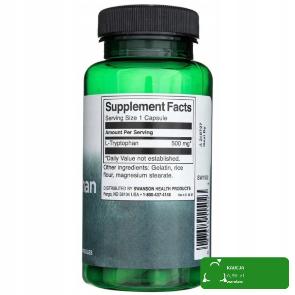Swanson L-TRYPTOFAN 500mg 60kaps na 2mce wsparcie SEN NASTRÓJ UKŁAD NERWOWY
