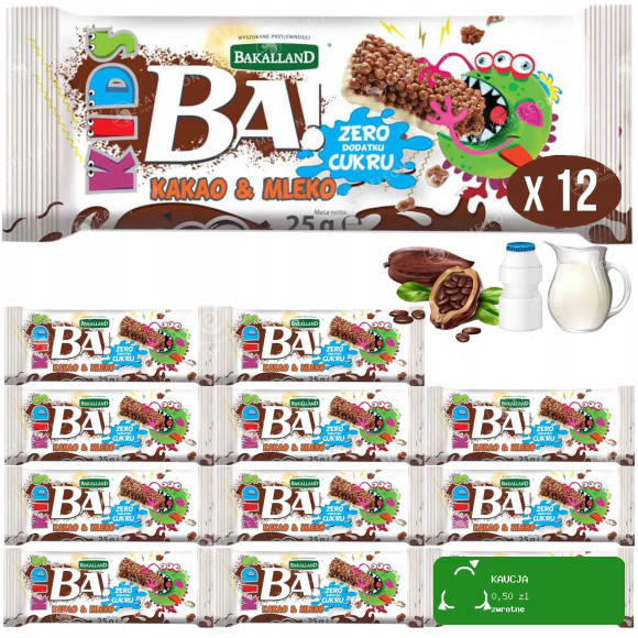 BAKALLAND BATON BATONIK BA! KIDS bez cukru KAKO I MLEKO 25g x12 300g 0,3KG