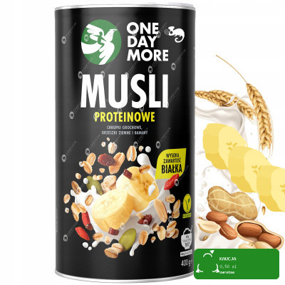 OneDayMore MUSLI PROTEINOWE BANANOWE z ORZECHAMI ziemnymi 400G tuba protein KRÓTKA DATA