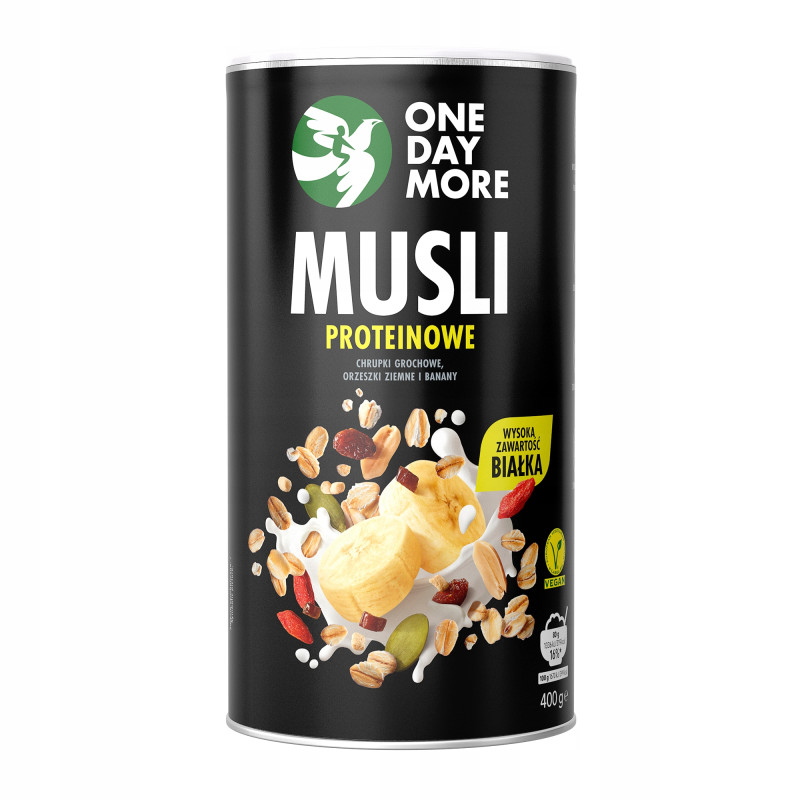 OneDayMore MUSLI PROTEINOWE BANANOWE z ORZECHAMI ziemnymi 400G tuba protein KRÓTKA DATA