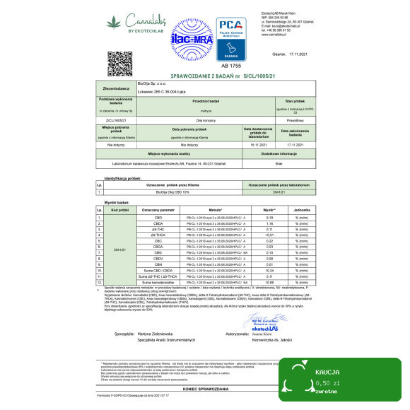 BioOlja OLEJEK KONOPNY CBD 10% 10ml FULL SPECTRUM CERTYFIKOWAN kannabinoidy