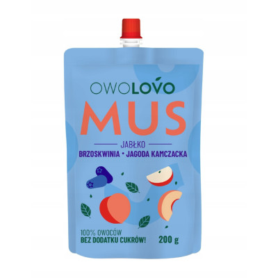 OWOLOVO PREMIUM mus owocowy JABŁKO BRZOSKWINIA JAGODA KAMCZACKA 200g NOWY KRÓTKA DATA