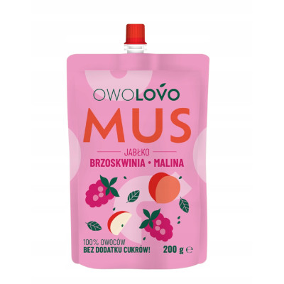 OWOLOVO PREMIUM mus owocowy JABŁKO BRZOSKWINIA MALINA 200g NOWY SMAK 3owoce KRÓTKA DATA