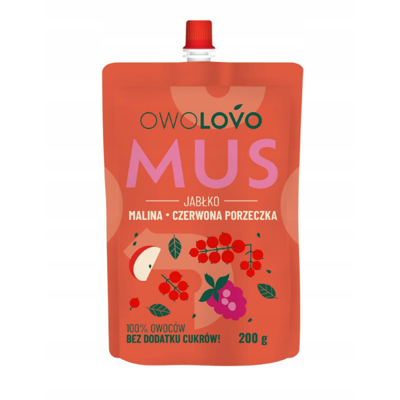 OWOLOVO PREMIUM mus owocowy JABŁKO MALINA PORZECZKA 200g NOWY SMAK 3 owoce KRÓTKA DATA