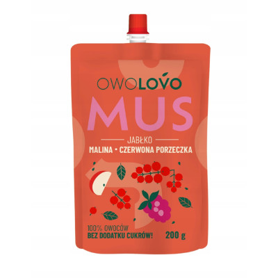 OWOLOVO PREMIUM mus owocowy JABŁKO MALINA PORZECZKA 200g NOWY SMAK 3 owoce KRÓTKA DATA