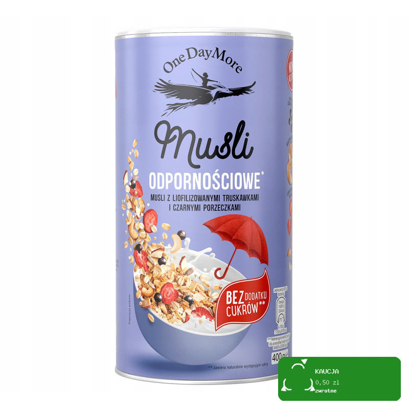 OneDayMore IMMUNITY MUSLI Odpornościowe Truskawka Porzeczka 450g Płatki HIT KRÓTKA DATA
