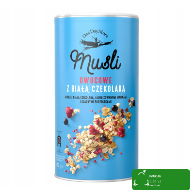 OneDayMore MUSLI OWOCOWE Z BIAŁĄ CZEKOLADĄ 400g malina + czarna porzeczka