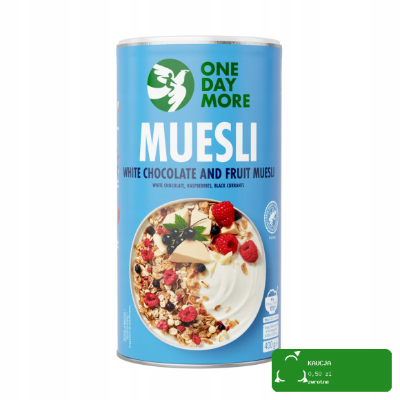 OneDayMore MUSLI OWOCOWE Z BIAŁĄ CZEKOLADĄ 400g malina + czarna porzeczka