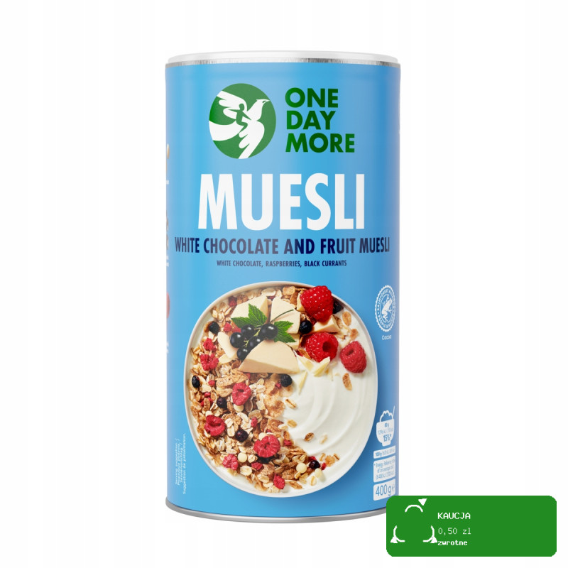 OneDayMore MUSLI OWOCOWE Z BIAŁĄ CZEKOLADĄ 400g malina + czarna porzeczka