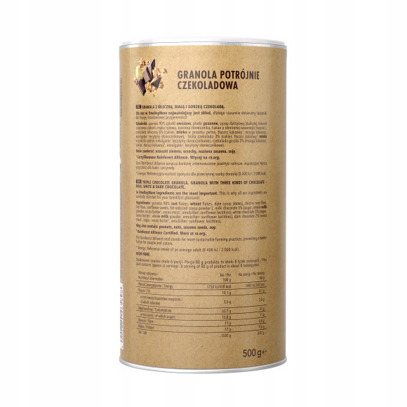 OneDayMore GRANOLA POTRÓJNIE CZEKOLADOWA 500g Czekolada Mleczna Biała Gorzk KRÓTKA DATA