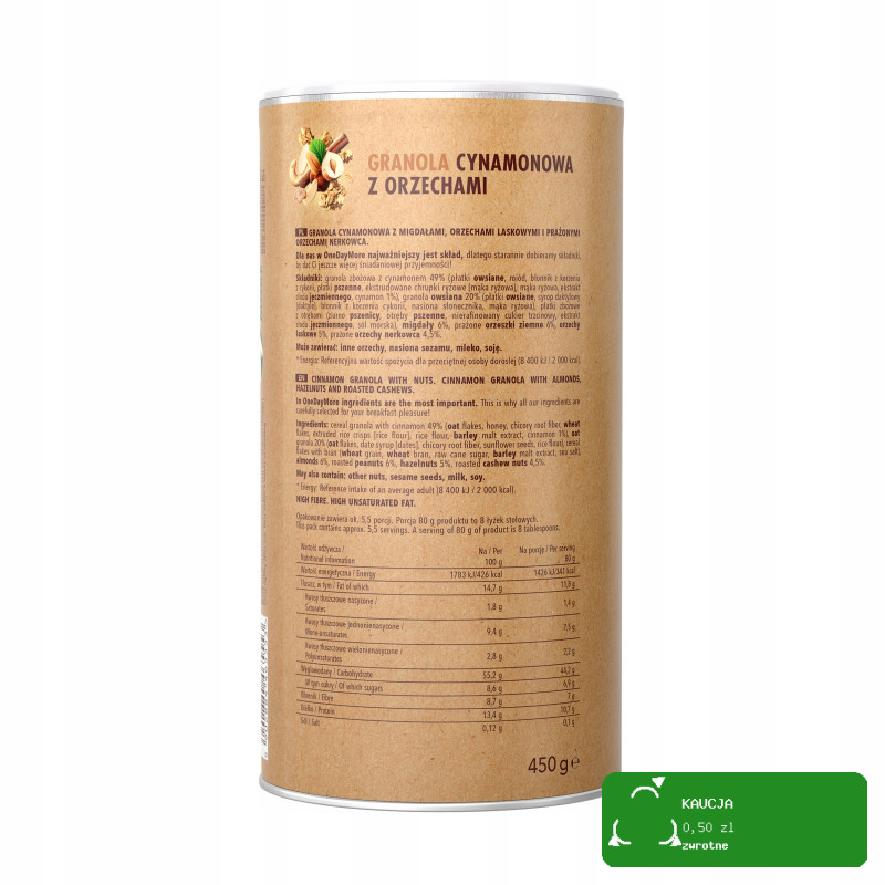 OneDayMore GRANOLA CYNAMONOWA Z ORZECHAMI 450g Migdały + Nerkowce + Laskowe