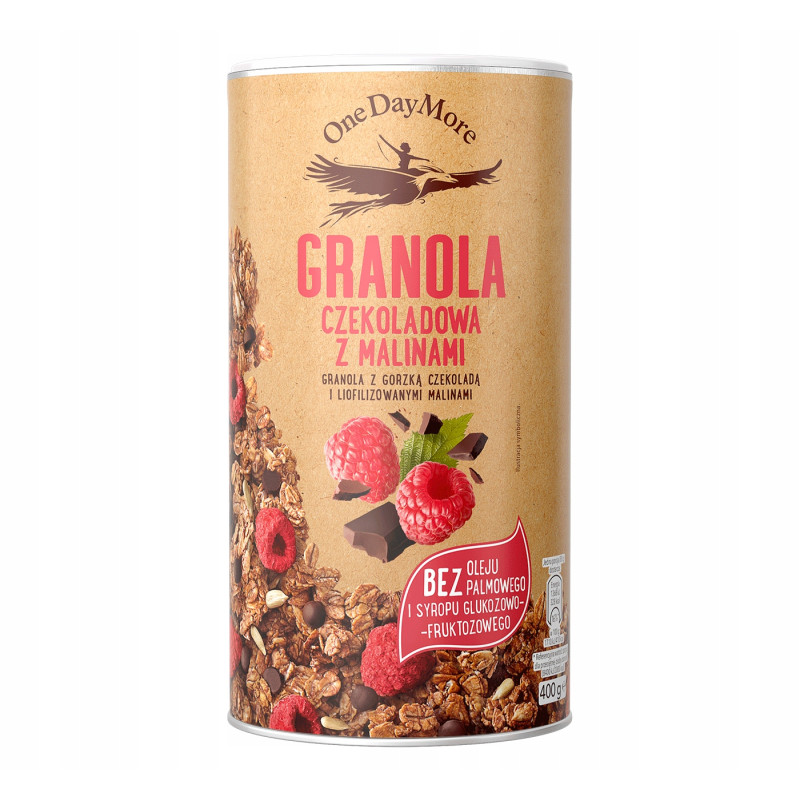 OneDayMore GRANOLA CZEKOLADOWA Z MALINAMI 450g gorzka czekolada + maliny