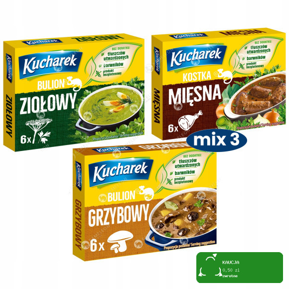 Kucharek KOSTKA ROSOŁOWA 60g x3SZT mix BULION MIĘSNA ZIOŁOWA GRZYBOWA