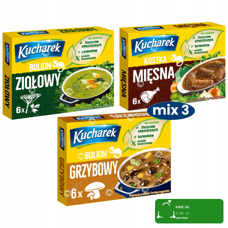 Kucharek KOSTKA ROSOŁOWA 60g x3SZT mix BULION MIĘSNA ZIOŁOWA GRZYBOWA