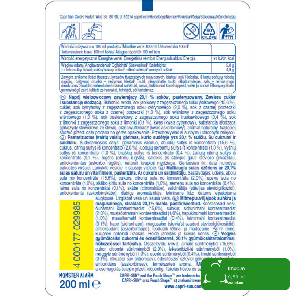 CAPRI-SUN Napój owocowy ze słomką WIELOOWOCOWY MONSTER ALARM 200ml 1szt