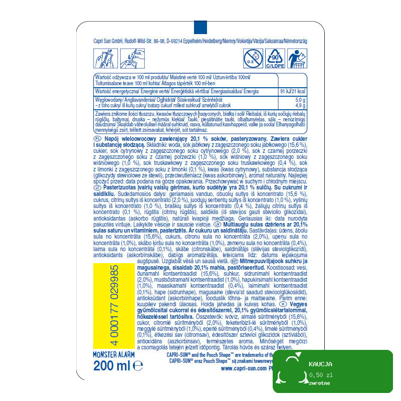 CAPRI-SUN Napój owocowy ze słomką WIELOOWOCOWY MONSTER ALARM 200ml 1szt